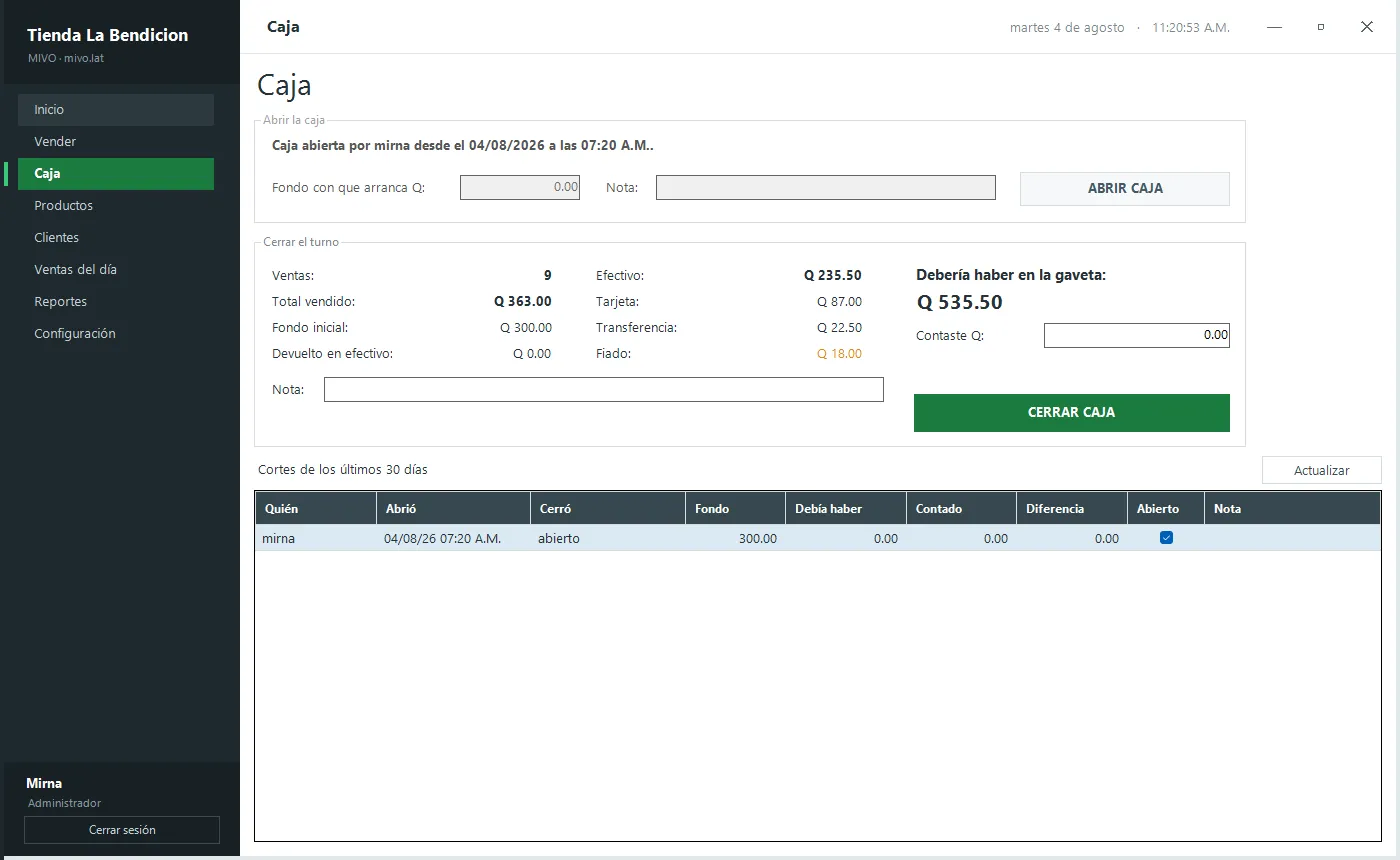 Pantalla de caja con el turno abierto, el desglose por forma de pago y lo que debería haber en la gaveta