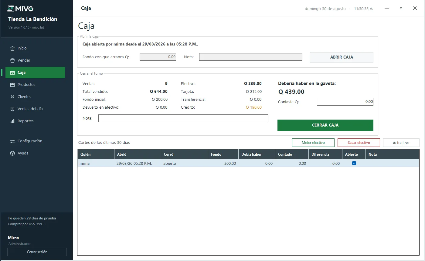 Pantalla de caja con el turno abierto, el desglose por forma de pago y lo que debería haber en la gaveta