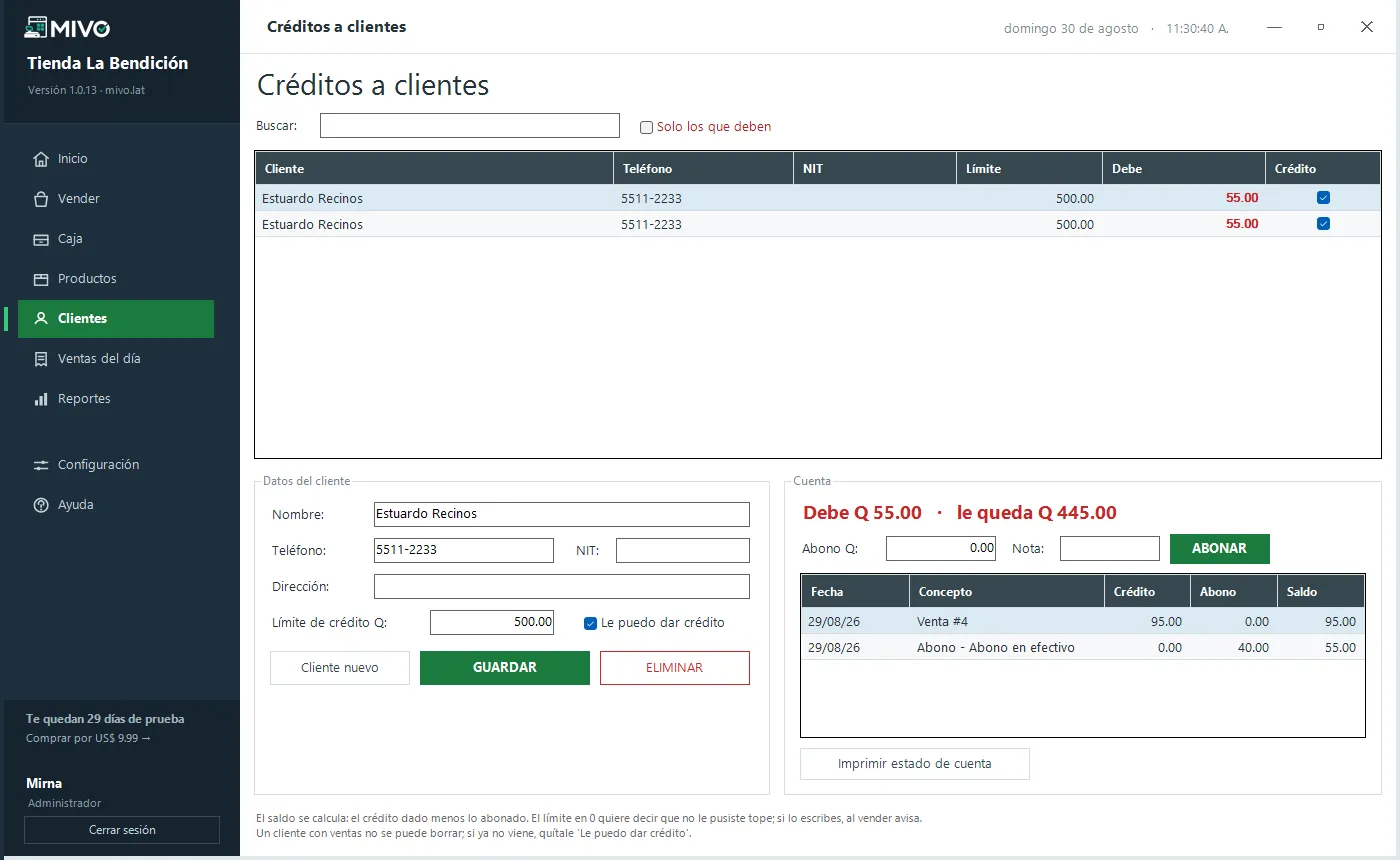 Pantalla de clientes y crédito con los saldos, el límite de cada uno y el estado de cuenta