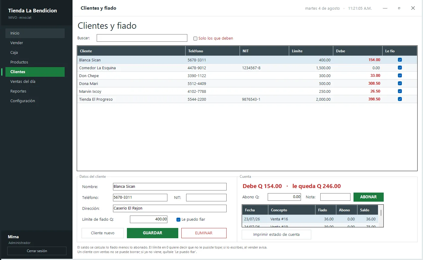 Pantalla de clientes y crédito con los saldos, el límite de cada uno y el estado de cuenta