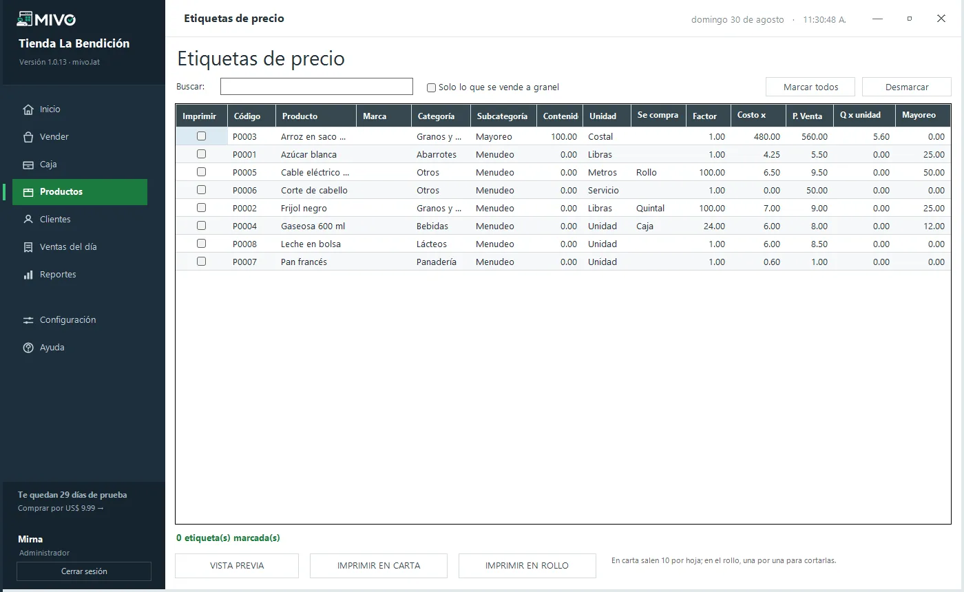 Etiquetas de precio de MIVO listas para imprimir para el estante de una farmacia