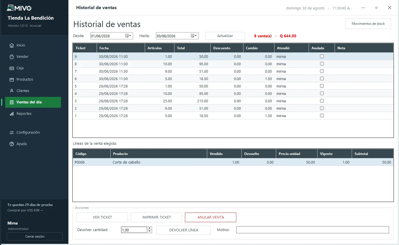 Historial de ventas del día de MIVO, desde donde se reimprime el ticket