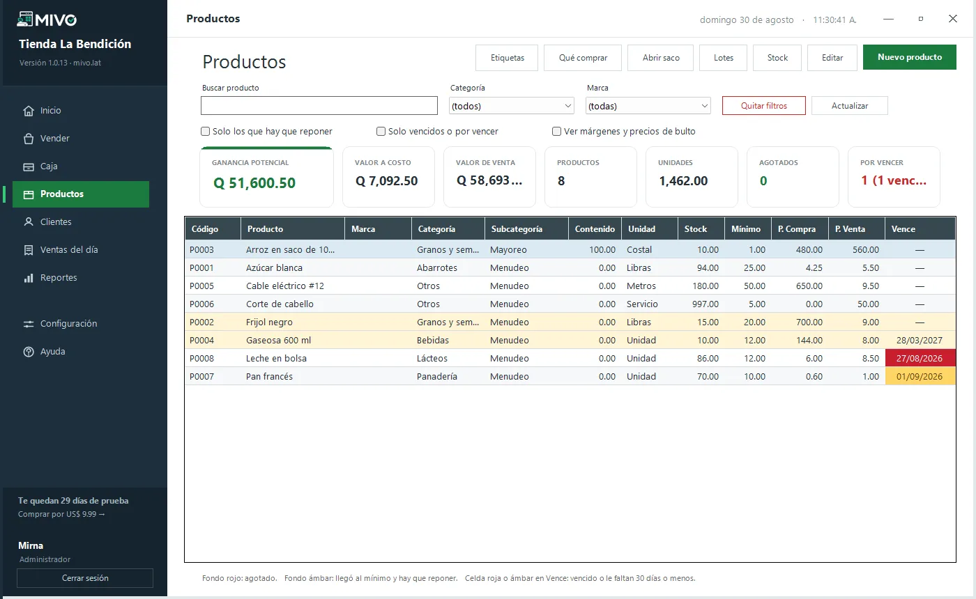 Listado del inventario con filtros por categoría y marca, y el resumen de valor a costo y ganancia potencial