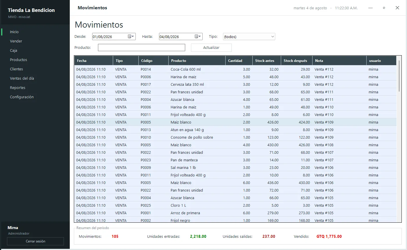 Cada movimiento de stock