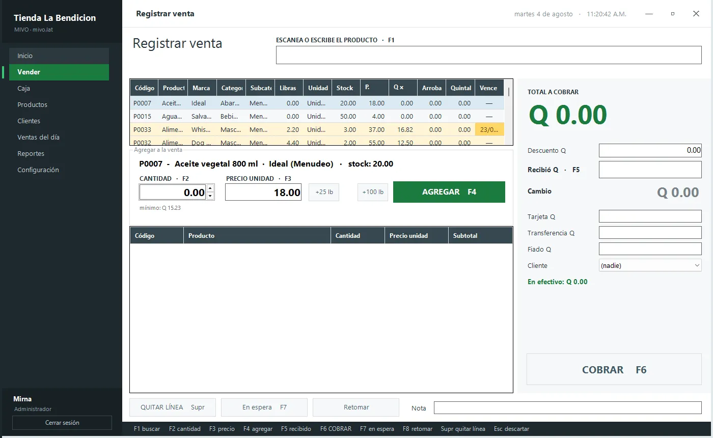 Pantalla de registrar venta con el buscador de producto, el detalle de la venta y el panel de cobro