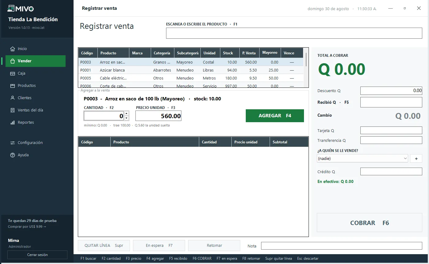 Pantalla de registrar venta con el buscador de producto, el detalle de la venta y el panel de cobro
